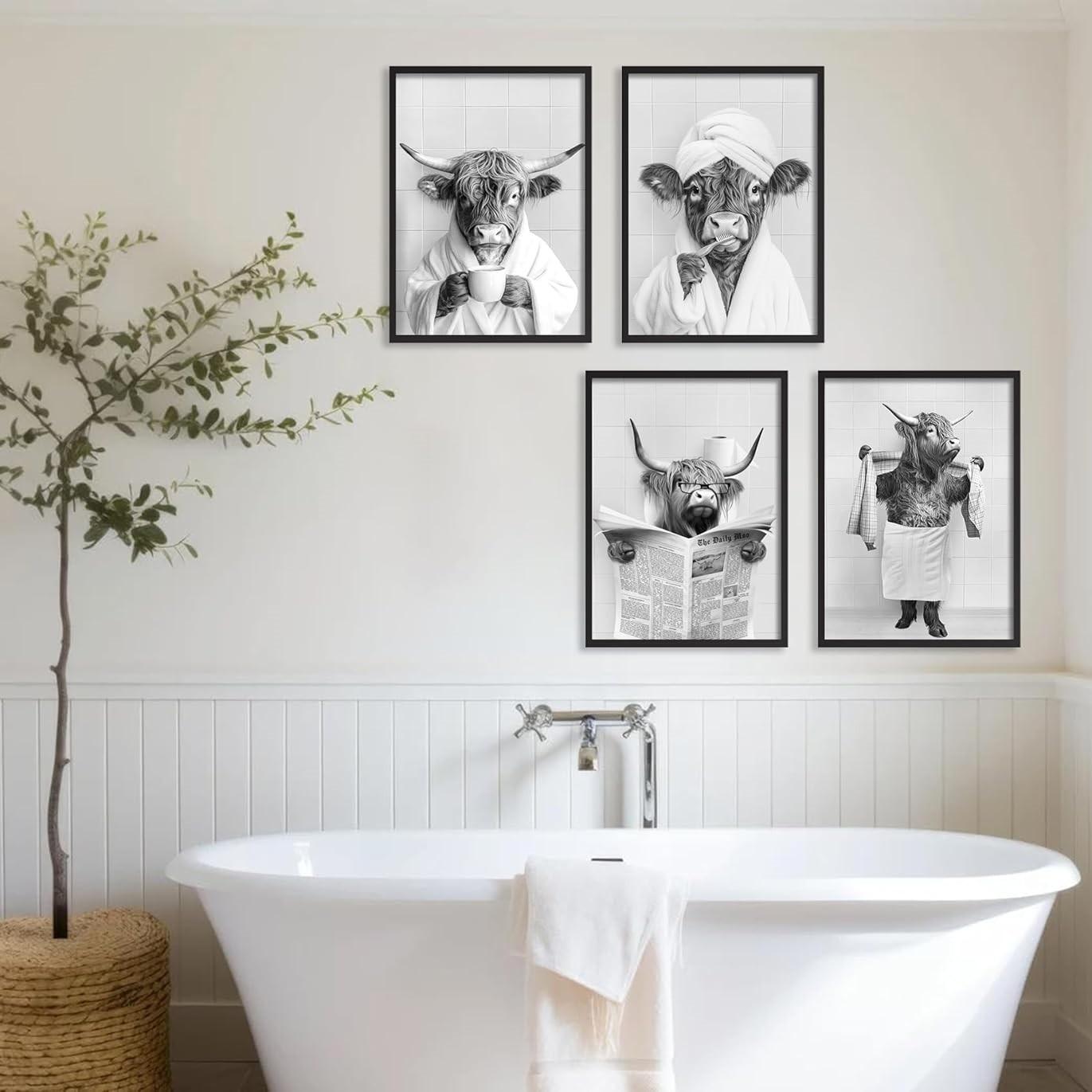 4pcs/set Frameless Funny Bathroom Humorous Animal Painting Calligraphy HD Canvas Poster living room bedroom bar aesthetic decoration