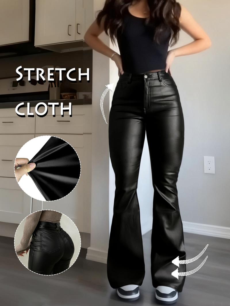 GILIPUR Y2K High Waist Coating Flare Leg Pants,Casual Lounge Pants Comfy Plain Button Pocket Trousers,Women's Ladies Bottoms For All Seasons Fall & Winter Clothes,Stretchy Coating  Flared Leg Pants,Kardashian Style,T-Chic