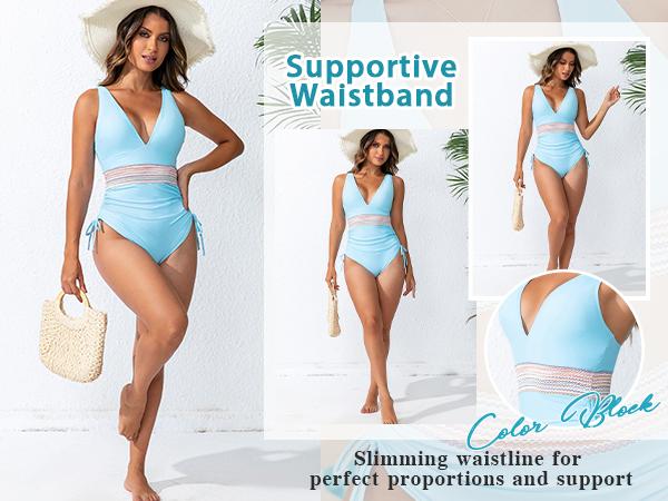 Blooming Jelly Women Tummy Control Swimsuits One Piece Slimming Modest Bathing Suit Color Block Drawstring Swim Suits