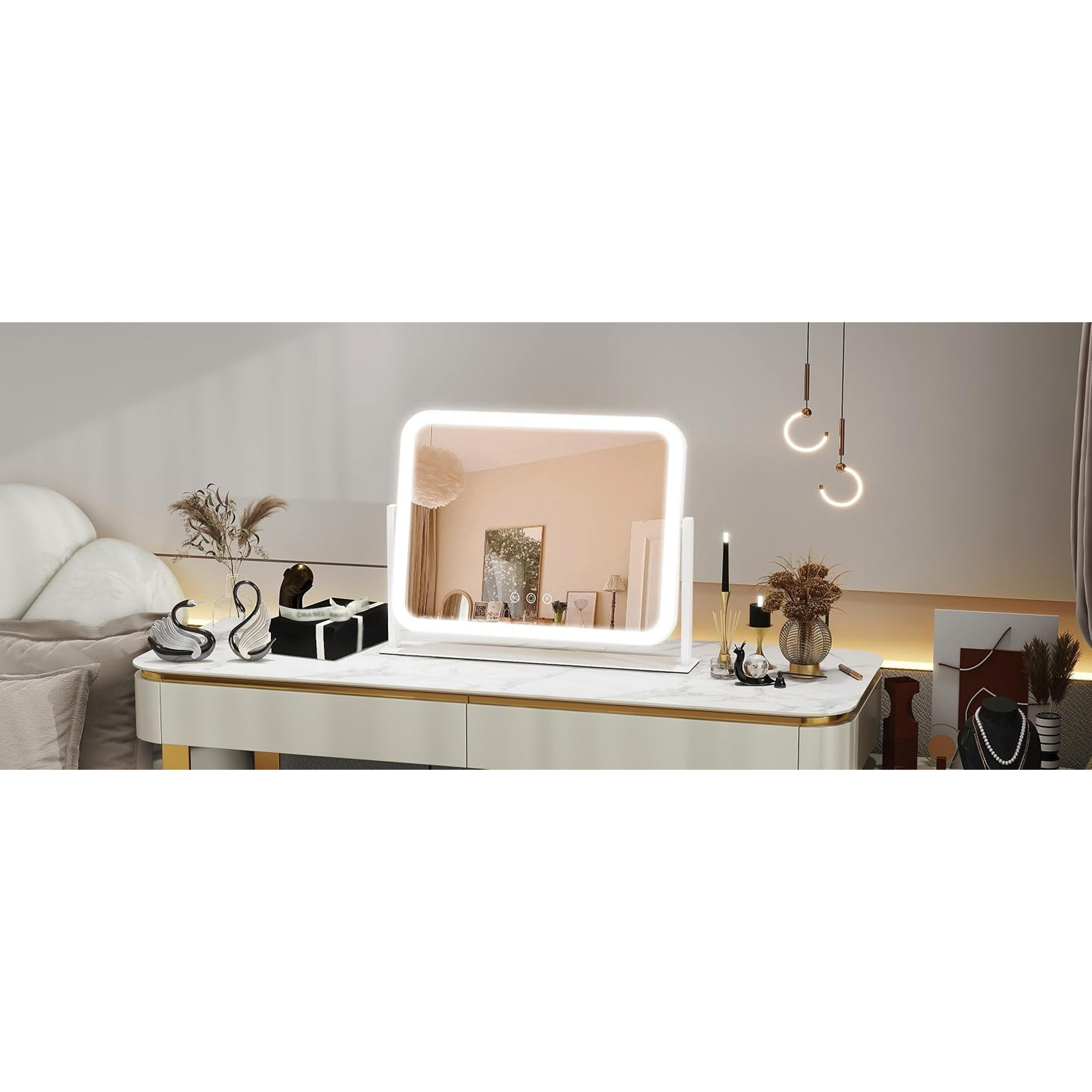 Elegant Lighted Vanity Mirror (White) - 17"x13" Indoor Furniture, 10X Magnification, 3 Color Lighting Modes, Smart Touch Control, 360° Rotation, Home & Bedroom Decor, Gift for Women