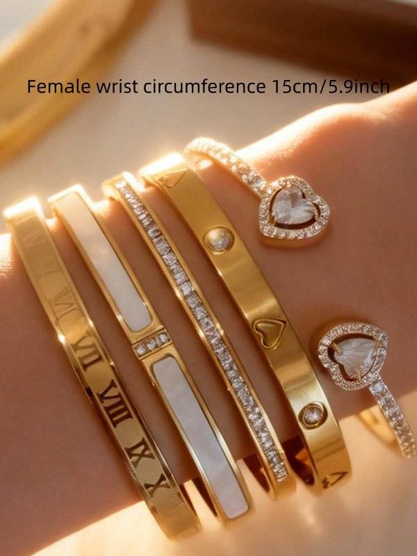 5-Piece 18K Gold-Plated Stackable Bracelet Set, Roman Numerals, Shells, Artificial Zirconia and Heart Designs, Hypoallergenic Stainless Steel Fashion Wrist Jewelry for Women