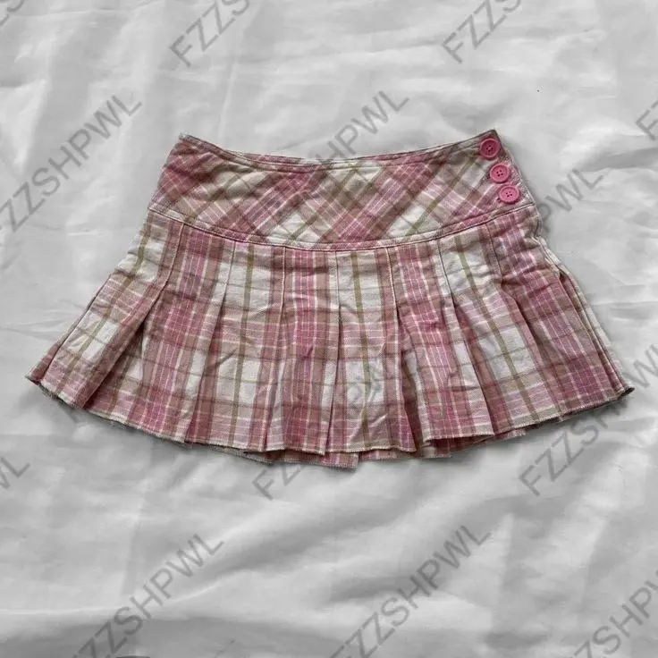Retro Preppy Plaid Skirt Female Pink Checkered Asymmetric Button Pleated Y2K Cute Mini Skirt Sweet Coquette Pink Plaid Bottoms