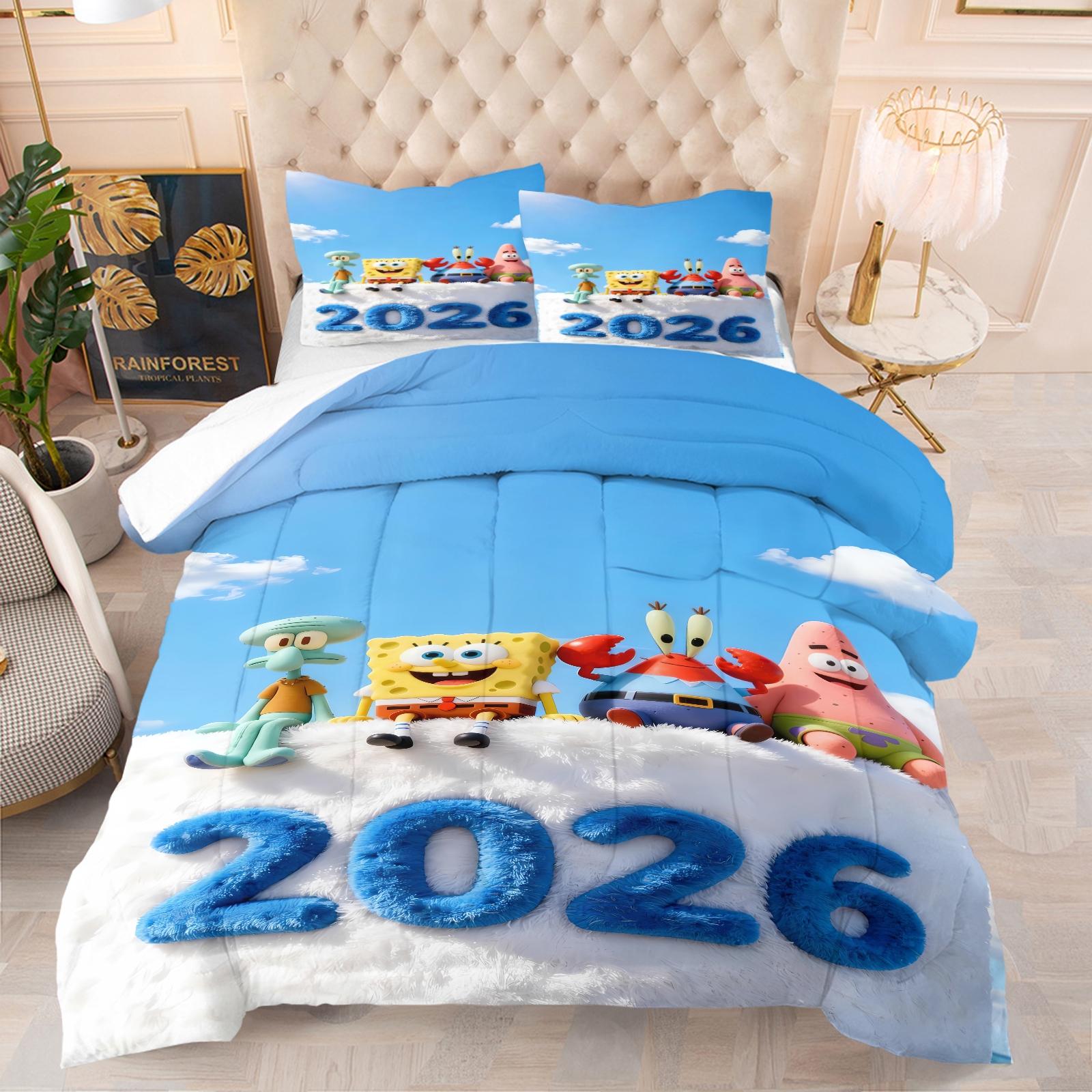 2026 Spongebob Squarepants Pattern Comforter Set, Soft And Durable Bedding Set, Includes 1 Comforter And 1 Or 2 Pillow Cases, Daily Holiday Birthday Gift Bedroom Decorations For Kids And Adults