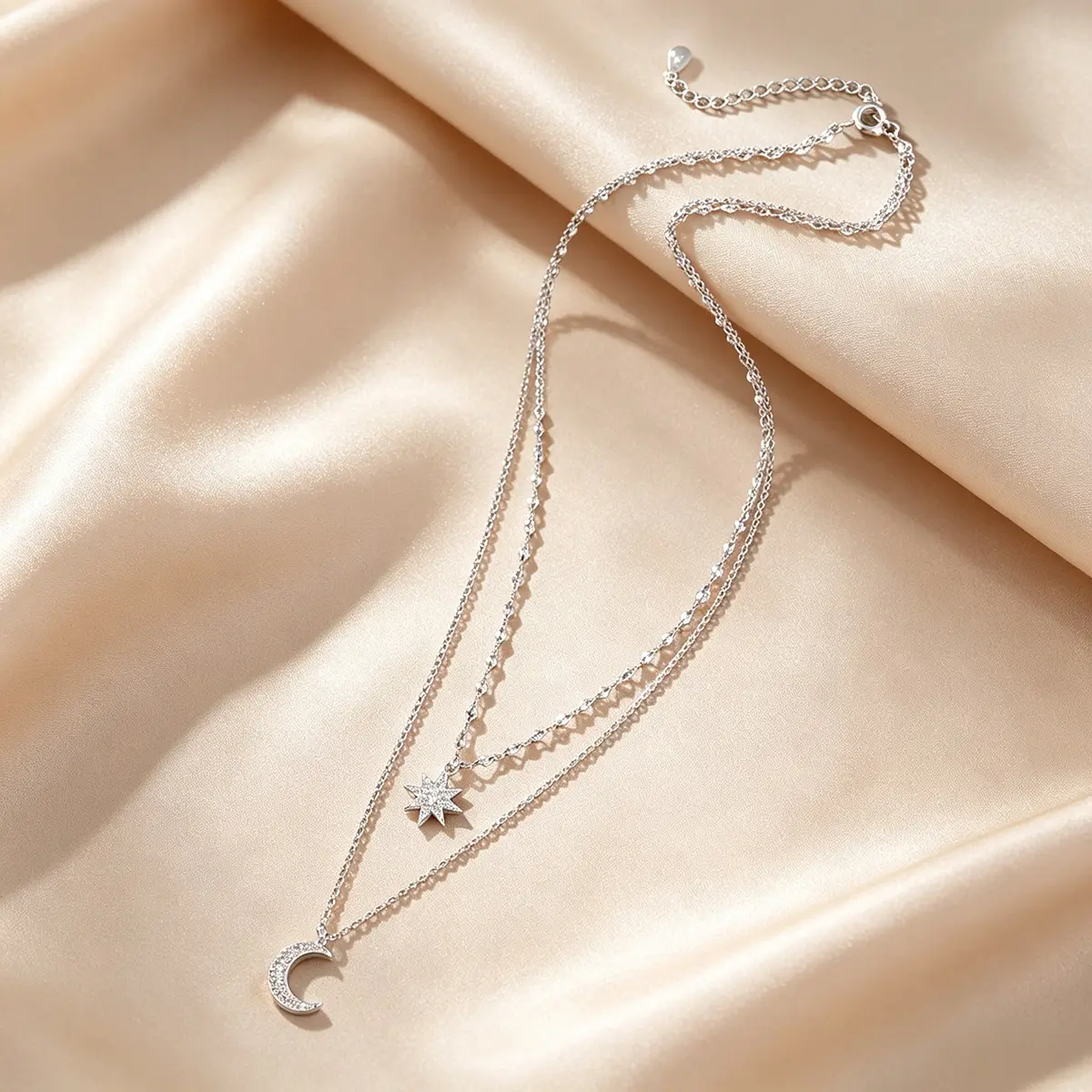 Women's Silver-Toned Celestial Layered Necklace, Sparkling Rhinestone Octagram & Crescent Moon Double Layer Pendant, Adjustable Lobster Clasp with Extender Chain, Dainty Clavicle Jewelry for Daily Party Use, Fashion Birthday Gift