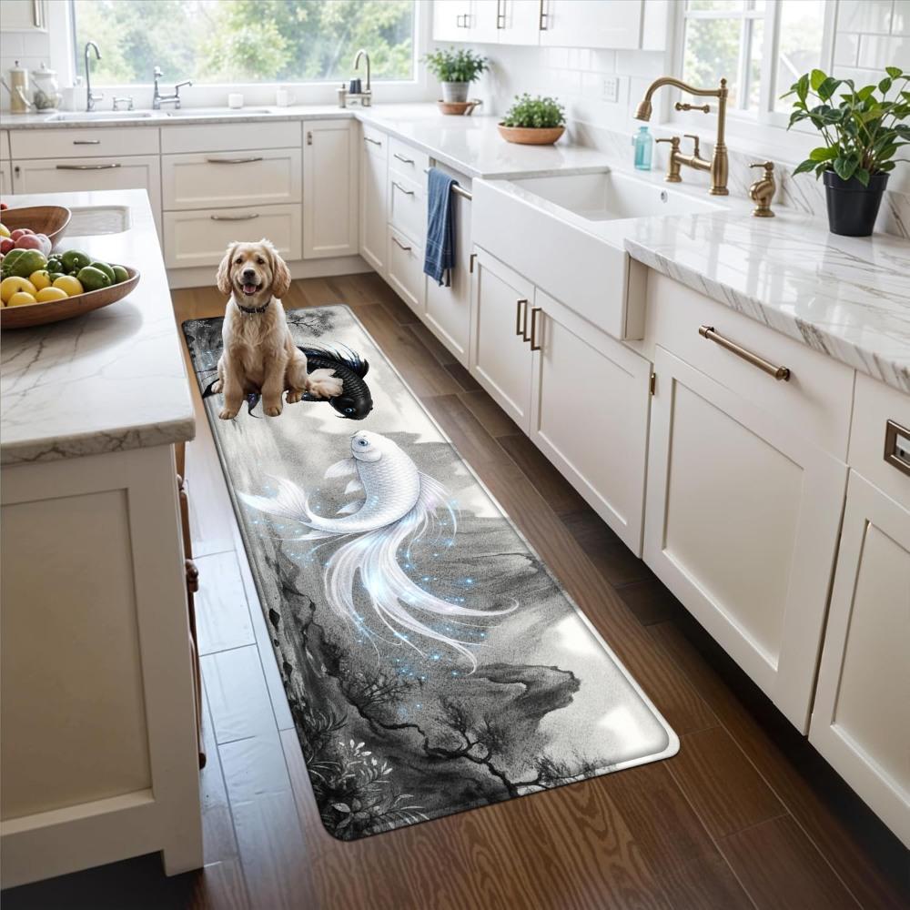 1PC， Black and White Double Fish in Ink - Wash Style Patterned strip rugs, home décor, bathroom mats, entryway mats, bathroom non-slip mats, indoor entrance rugs, bedroom bedside mats, kitchen mats, hallway rugs, flannel sponge rugs, hallway runner rugs