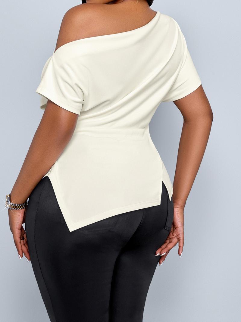 Plus Size Women's Casual Ombre Asymmetrical Hem Short Sleeve Top Blouse, Fitted Drop Shoulder Design, Perfect for Fall Season, Daily Wear &