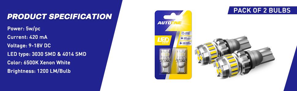 AUTOONE 912 921 T15 LED Bulbs Reverse Light Bulb 6500k White, W16W T15 906 922 LED Canbus Reversing Backup Turn Signal Lamp, 2400LM 300% Brighter Non-polarity CANBUS Error Free Plug and Play LED Light Bulb, Pack of 2