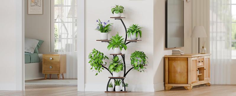 Plant Stand Indoor with Grow Lights, 6 Tiered Plant Shelf Indoor, 50" Corner Plant Stands for Indoor Plants, Lighted Tree-Shaped Plant Holder, Tall Flower Display Rack