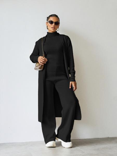 Trendy Knit Turtle Neck Tank & Wide Leg Trousers With Open-Front Long Cardigan Three-Piece Sets