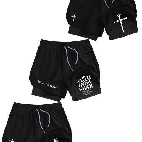 Men's Cross Print 2 in 1 Performance Shorts with Phone Pocket & Towel Loop, Summer Sporty Breathable Quick Drying Shorts, Gym Workout Running Shorts, Activewear Sportswear
