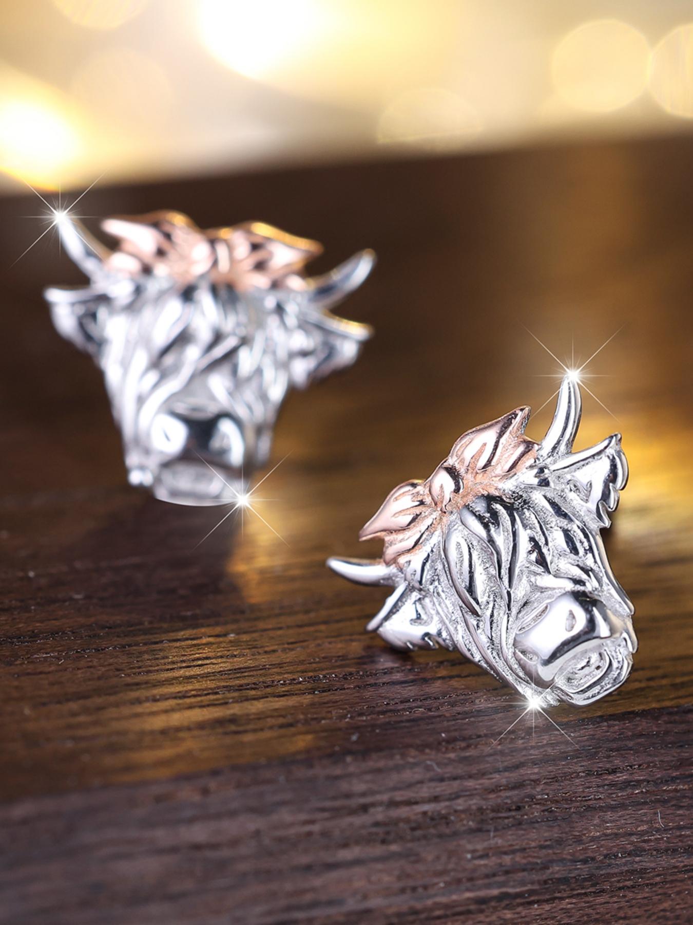 925 Sterling Silver Cute Bull Head Design Earrings, Pretty Studs, Punk Style Jewelry for Party, Daily Clothing Decor for Girl, Trendy All-match & Exquisite Jewelry for Gift