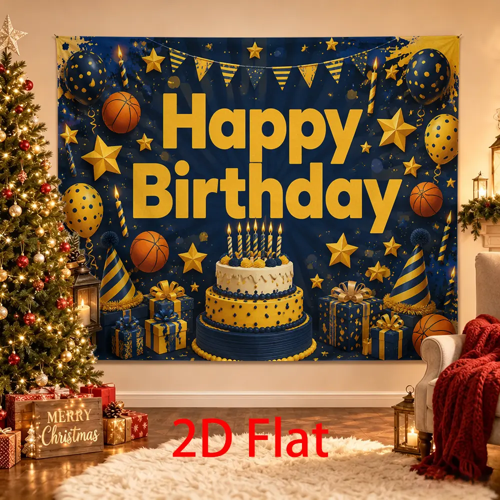 Basketball Birthday Backdrop, Navy Gold Sports Party Photo Background with Cake, Stars, Balloons and Gifts