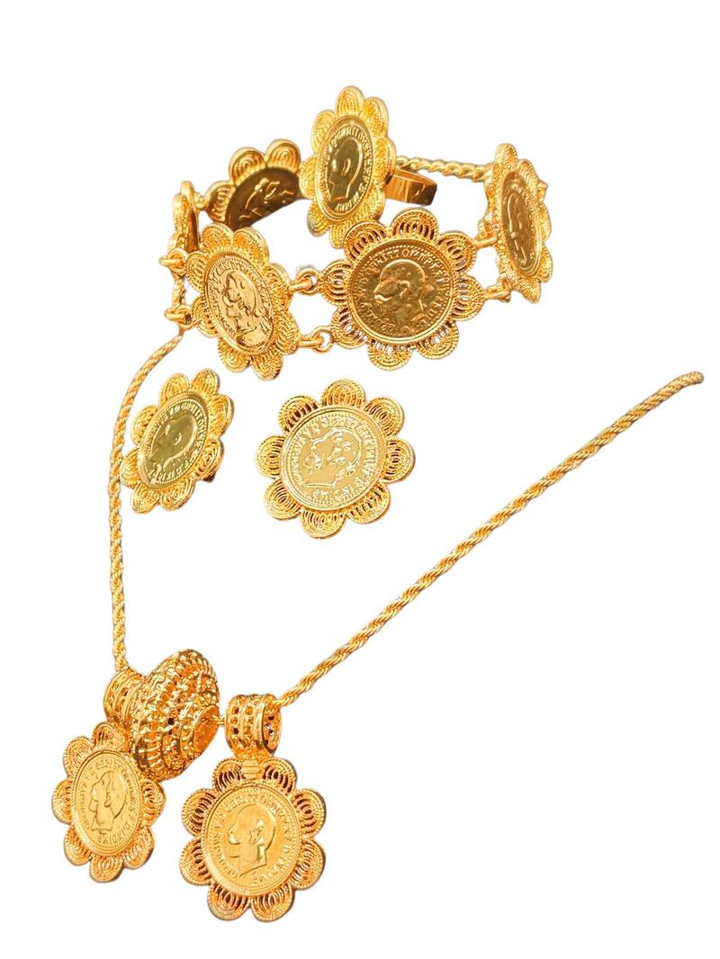 24K Gold Middle Eastern Luxury Vintage Coin Set: Multi-layered Bracelet, Necklace, Ring and Earring Collection - An Exclusive Celebratory Jewelry Gift for Women