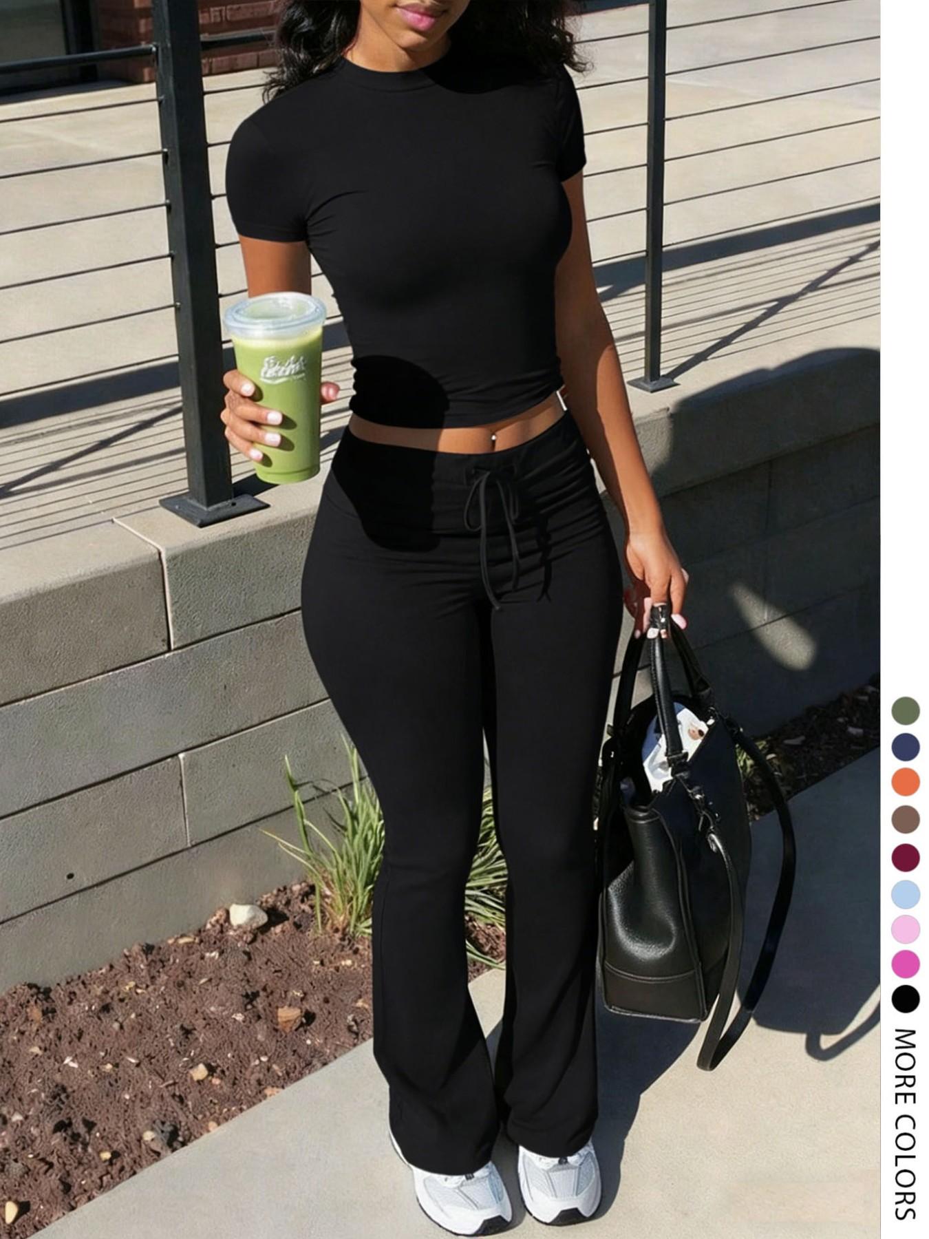 LovelyWholesale - US Women's Fashion Casual Solid Color Round Neck Short Sleeve T-Shirt Top and Drawstring Pants Two-Piece Set, Spring and Summer Clothing