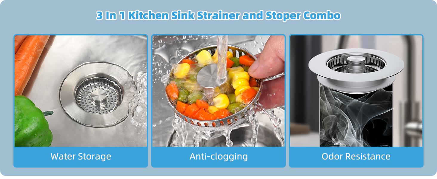 All Metal Stainless Steel 3 in 1 Kitchen Sink Drain Strainer, Upgraded Anti-Rust Sink Stop Combo, Anti-Clogging Stainless Steel Basket Strainer with Metal Handle for US Standard 3-1/2" Drain