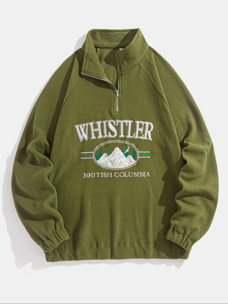 Men's Landscape & Letter Print Zip Front Fleece Sweatshirt, Loose Casual Raglan Sleeve Stand Collar Pullover for Fall & Winter, Men's Clothes for Daily Wear, Winter Fashion Clothing