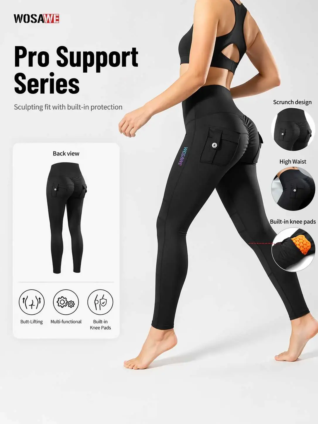 WOSAWE Women's Motorcycle Yoga Glute Enhancing Leggings with Removable Knee Pads Butt Lifting Cargo Pants Gym Sportswear Bottoms Fitness Pants