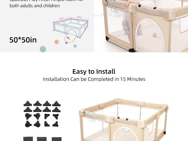 Baby Playpen With no Mat, 50X50 in Playpen for Babies and Toddlers, Play Pen for Kids, Play Pens for Babies and Toddlers for Apartment, Indoors Play Yard with Soft Breathable Mesh (Beige)