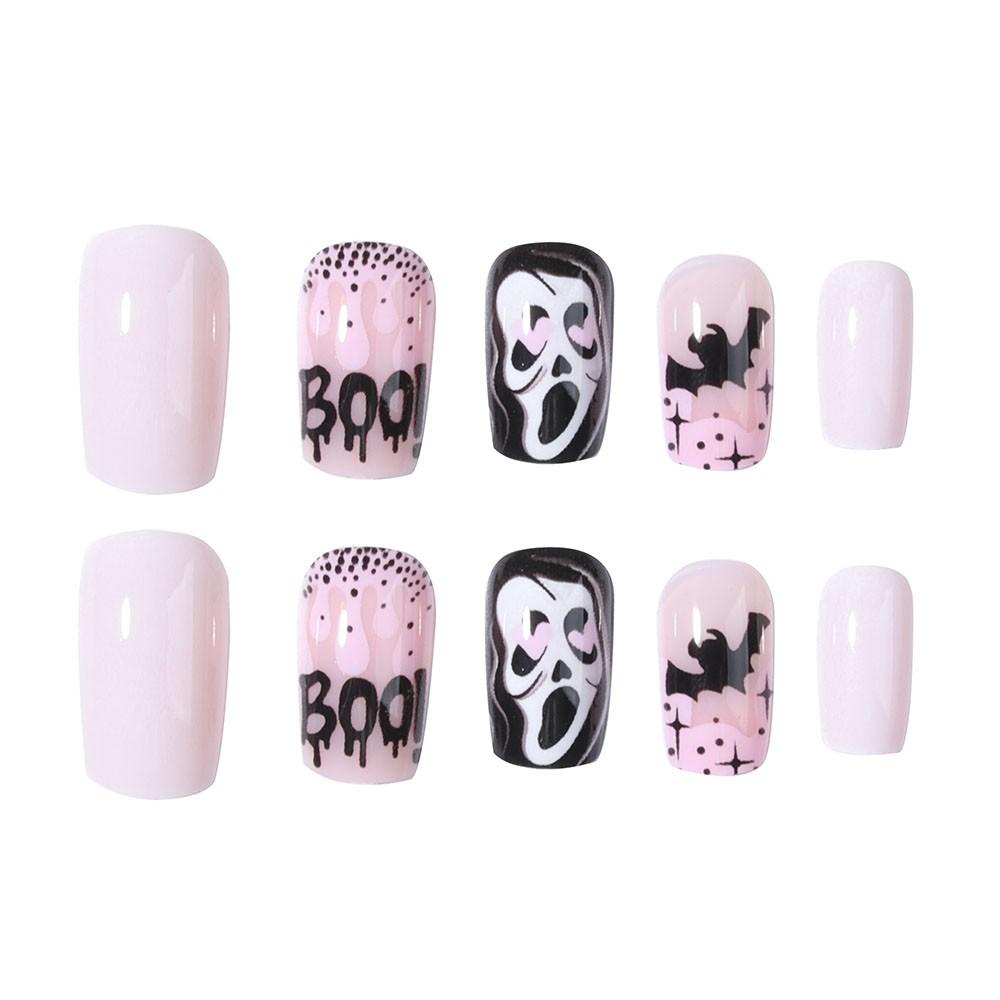 24pcs Halloween Nail Art Set, Ghost Bat Boo! Design, Glossy Finish, Medium Oval Shape, Easy Peel-Off, Perfect for Parties & Festivals