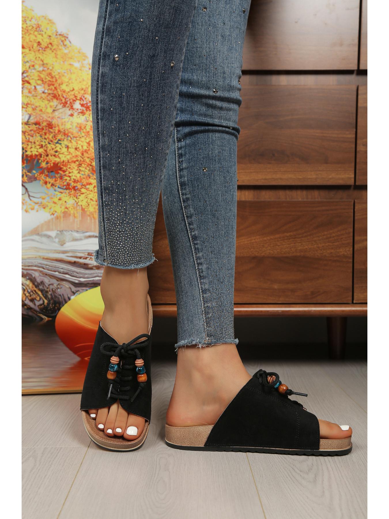 Women's Multi-Color Suede Cork Footbed Slides, Beaded Lace-Up Open Toe Mule Sandals, 2 Colors Available