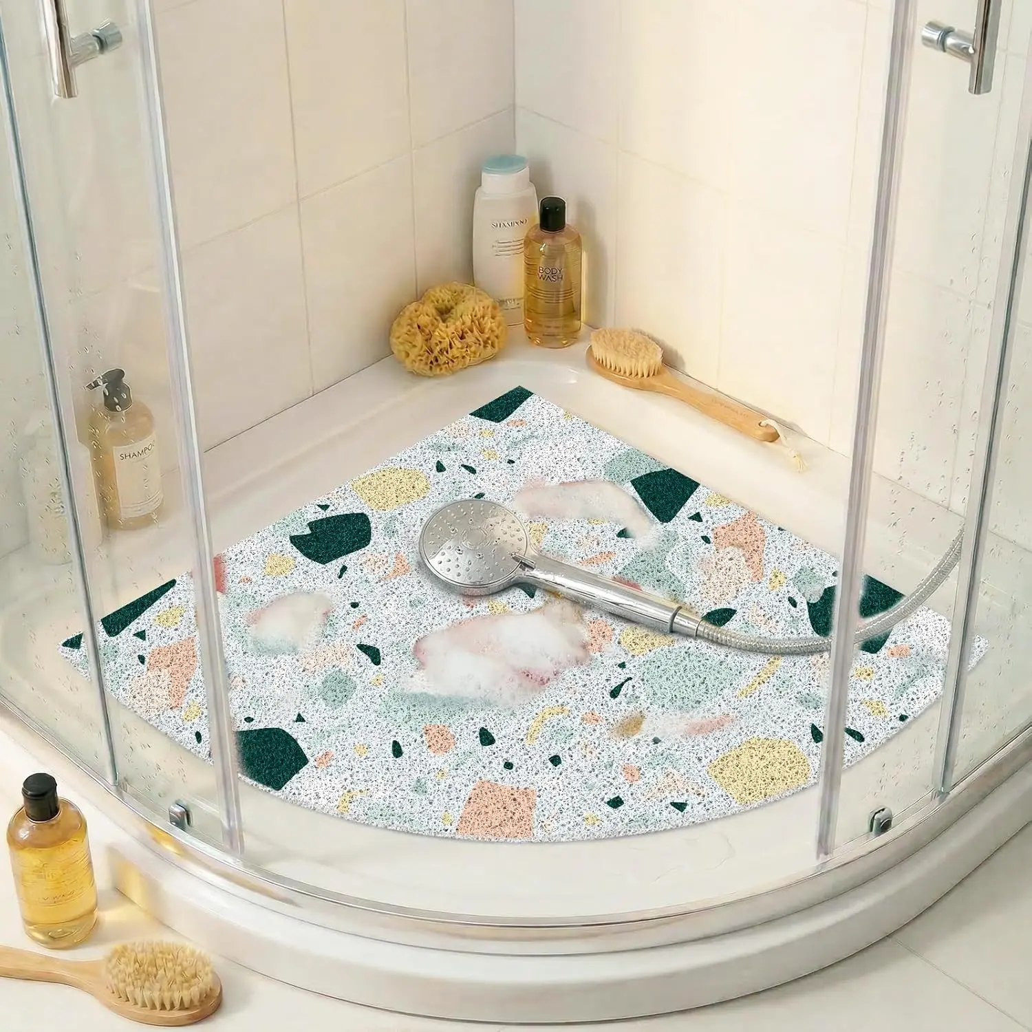 Corner Shower Mat Non Slip, 28x 28 Inches Triangular Bath Mats for Inside Shower, Soft PVC Loofah Bath Mat Without Suction Cups, Shower Mats Quick Drying and Easy Cleaning