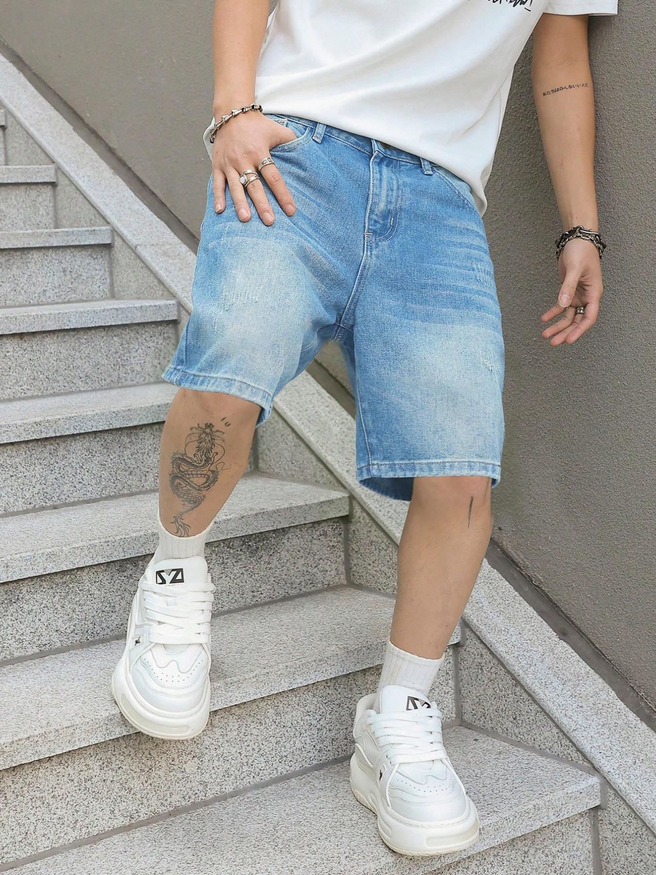 Men's Vintage Washed Classic Denim Shorts, Non-Elastic Straight Leg Fit, Simple Daily Wear Casual Pants, Loose-Fitting Short-Length Bottoms