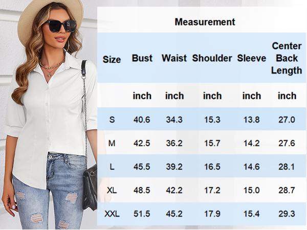 Women's Basic Button Down Shirts 3/4 Sleeve Stretch Button Up Dress Shirt Slim Fit Waitress Work Shirts Summertok citygirl Top Blouse