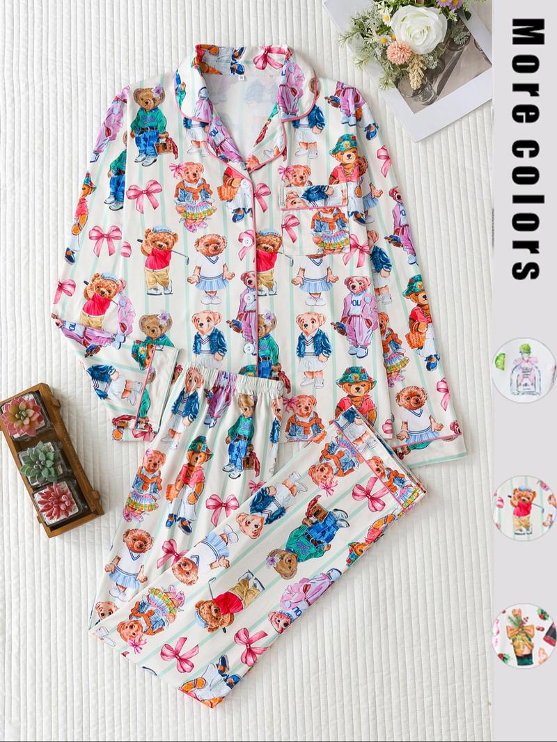 Elegant Women's Spring Autumn Pajama Set, Heart Pattern Long Sleeve Top  & Soft Comfortable Pants, Perfect for Home Wear