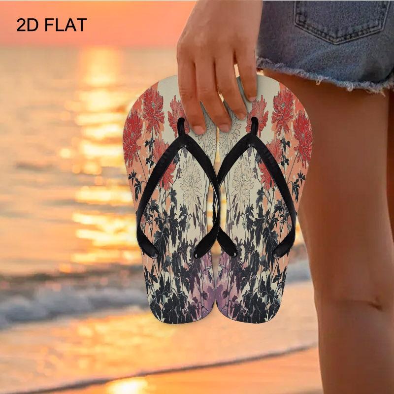 Women's Flip Flops, Artistic Chrysanthemum Print, Multiple Colors & Sizes Available, Comfortable Stylish Sandals for Daily Wear, Casual Summer Beach Shoes, Trendy Ladies Fashion Footwear, Women Shoes