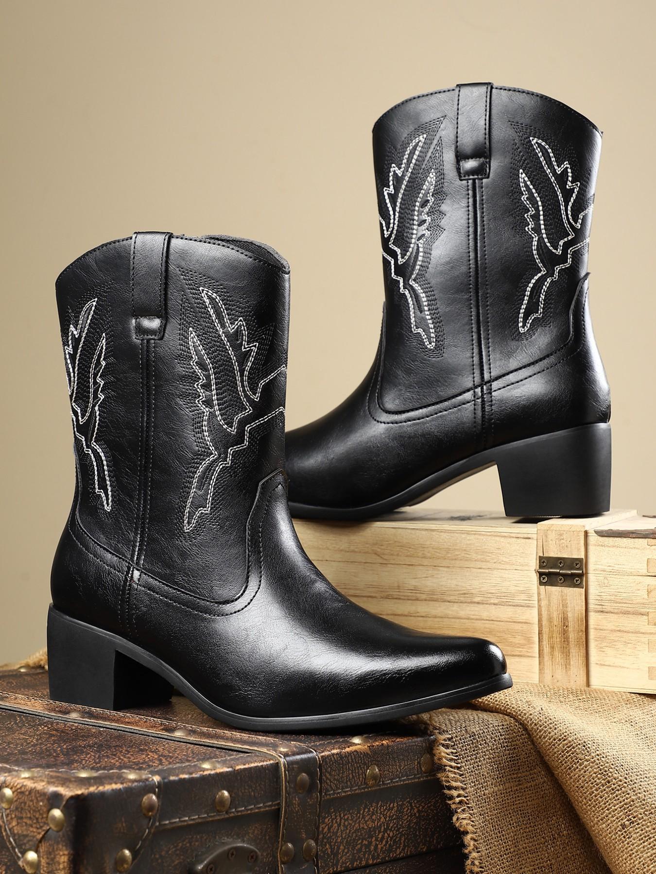 Men's Denim Boots Daily Embroidery Casual Low Heel Rubber Sole, Patchwork PU Upper, Mid-Calf Height, All Seasons Wear