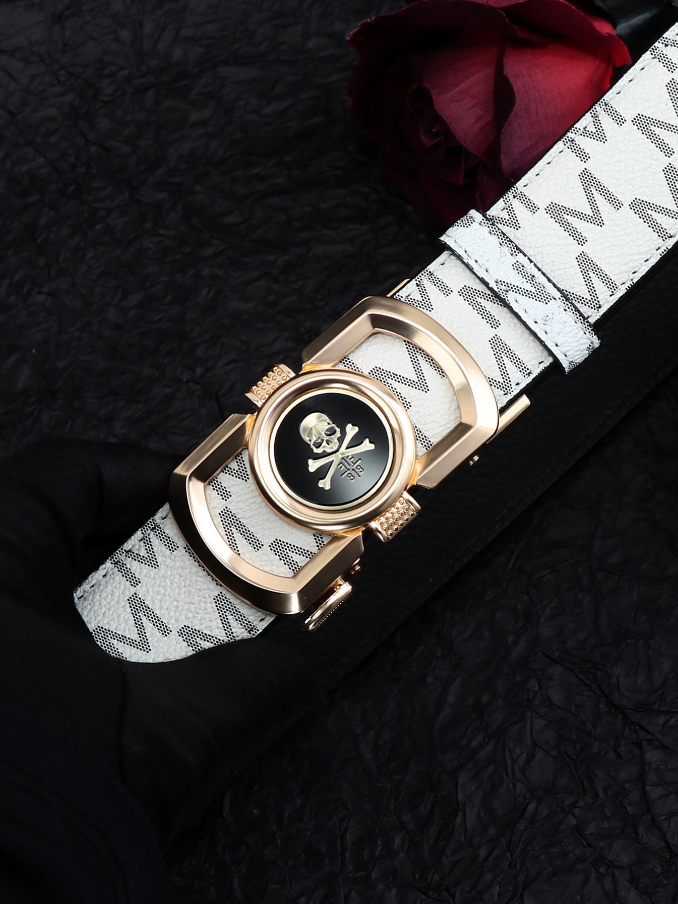 New Trendy Skull Head Automatic Buckle Belt, M Letter Printed Waistband, Men's Fashion Versatile Casual Punk Pants Belt