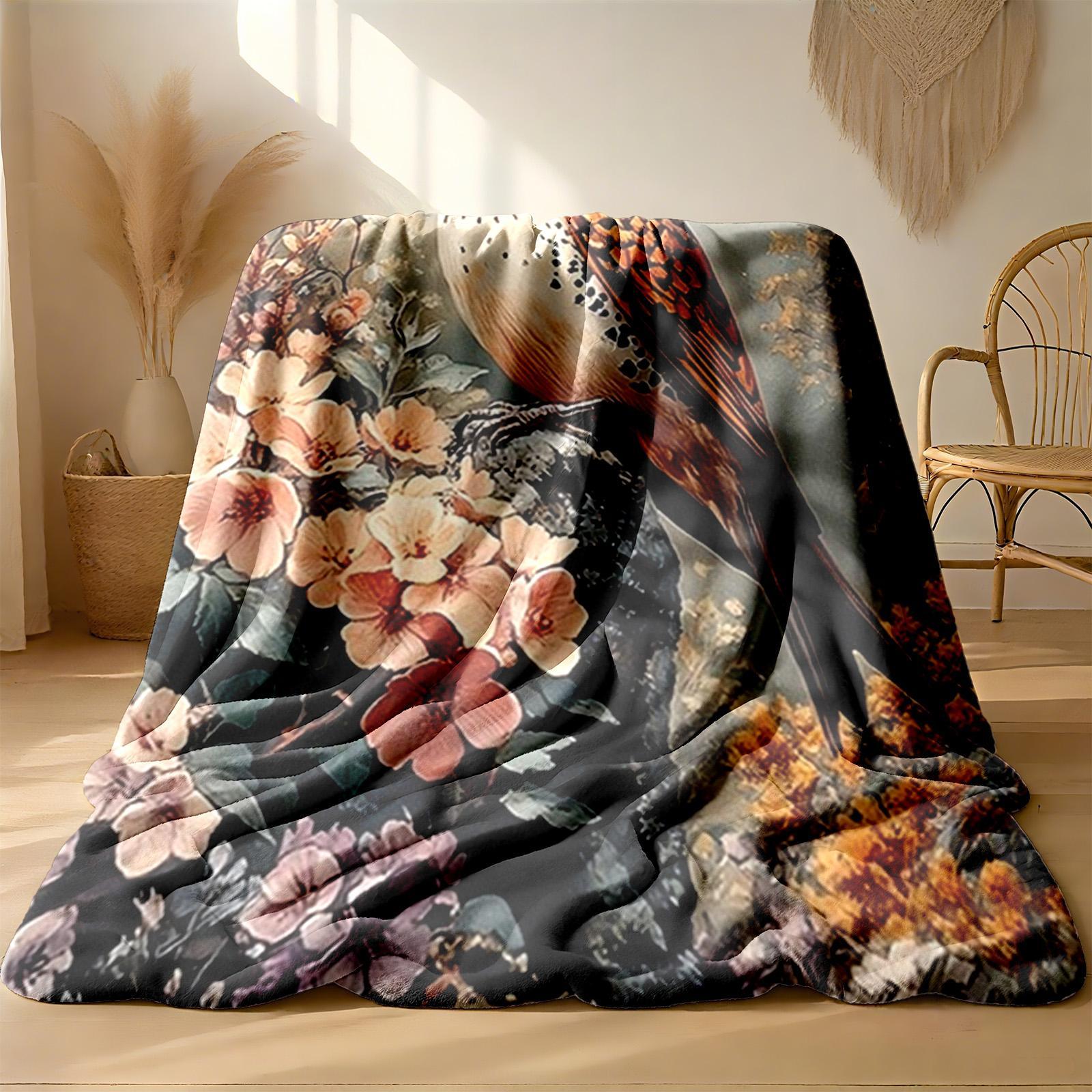 1 piece The natural beauty of a fulvetta perched amid the blossoms themed flannel blanket - Flannel weaving craft blanket, modern style, suitable for sofas and beds, all-season use, super soft and warm, digital print design, 100% polyester