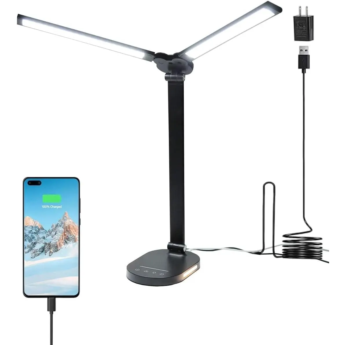 14W Power Double-Arm LED Desk Lamp with USB Charging Port & Night Light, Eye-Caring Desk Lighting for Bedroom/Study, Home Office Task Lamps for Bedroom Work Craft