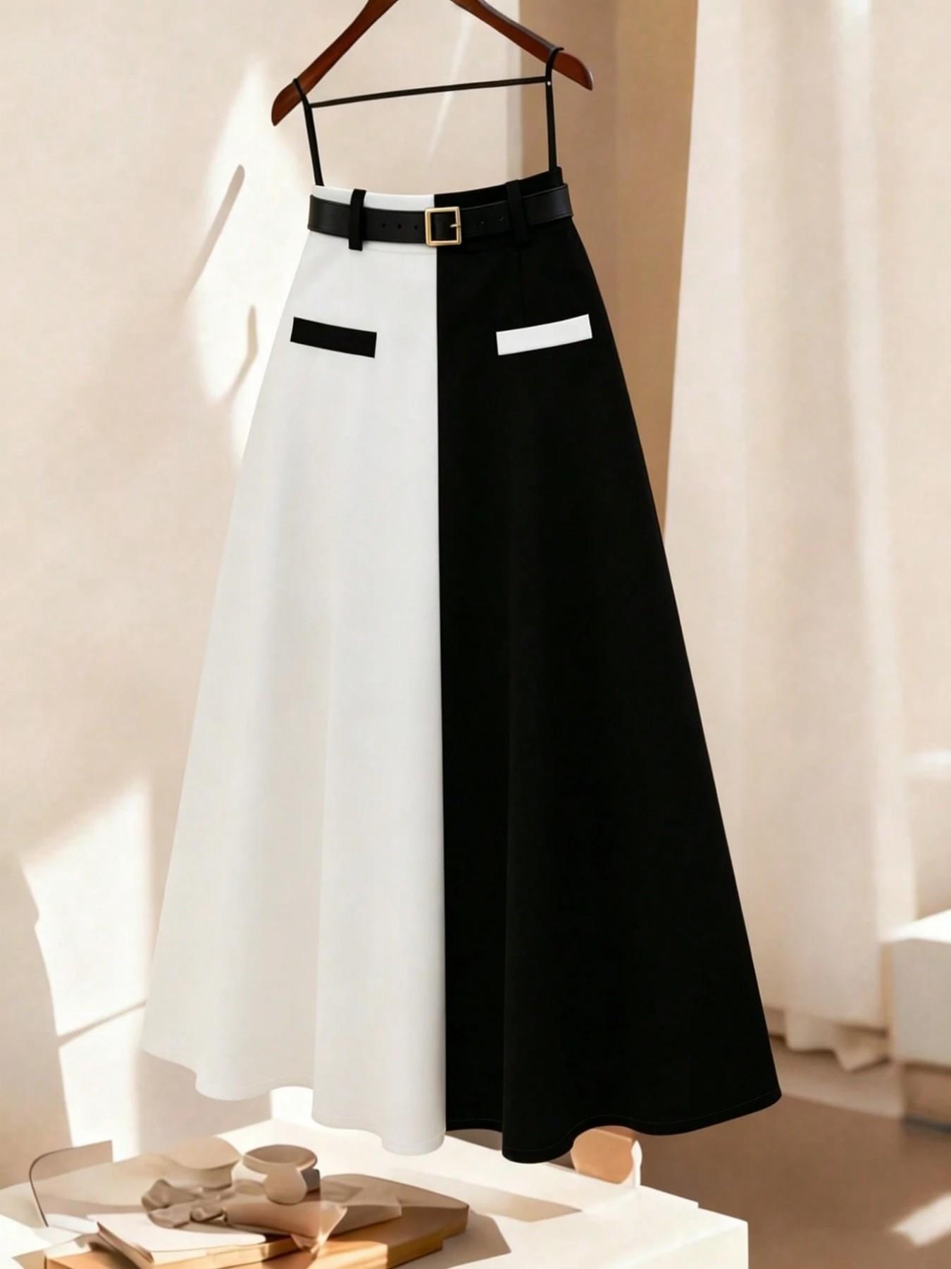 Plus Size Women’s Black and White Contrast Belted A-Line Skirt, Minimalist Elegant Work Midi Skirt for Office, Business, Wedding Guest and Casual Wear