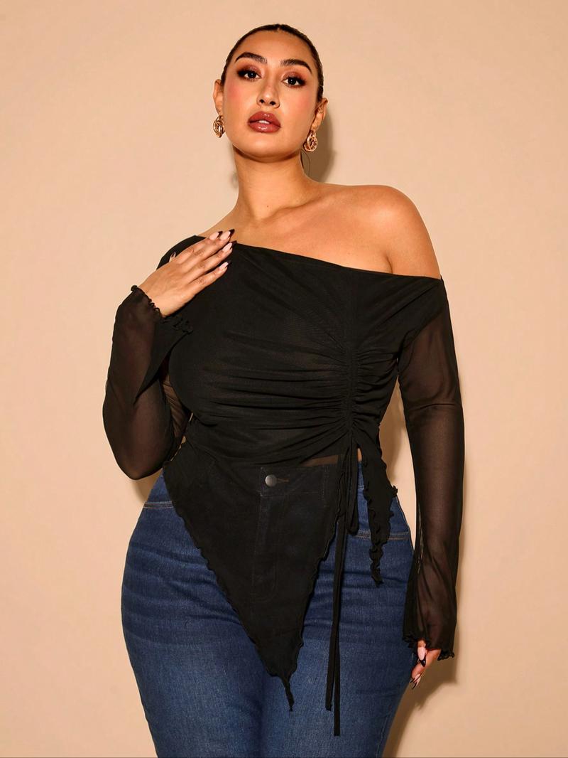 Plus Size Women's Mesh Top, Asymmetrical Shoulder Drawstring Long Sleeve Shirt, Semi-Transparent Slim Fit, Casual & Formal Wear