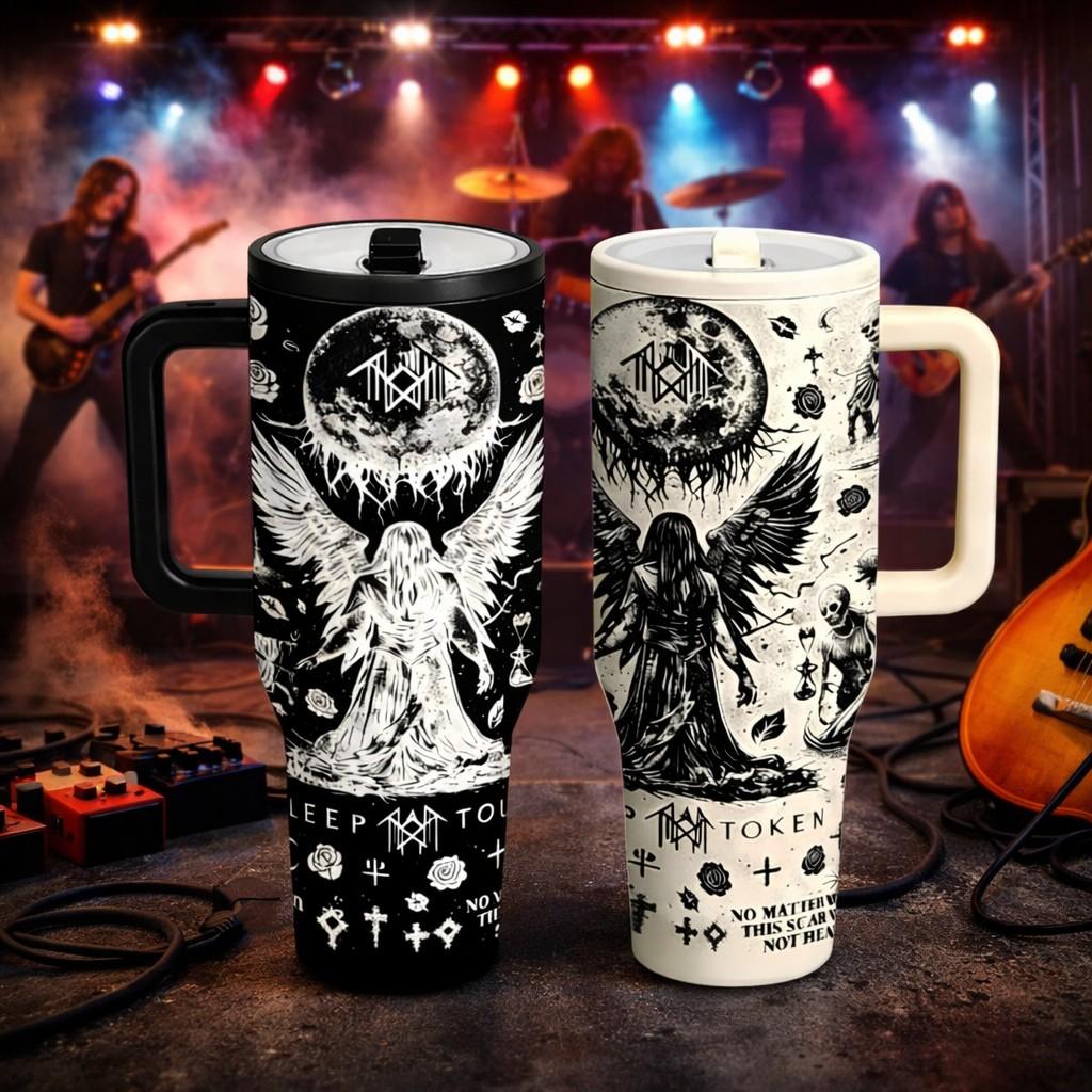 40oz Dark Angel Gothic Tumbler, Black White Rock Art Insulated Mug with Handle and Straw, Unique Statement Cup, Perfect Gift for Rock Fans, Metal Music Lovers and Alternative Style Friends