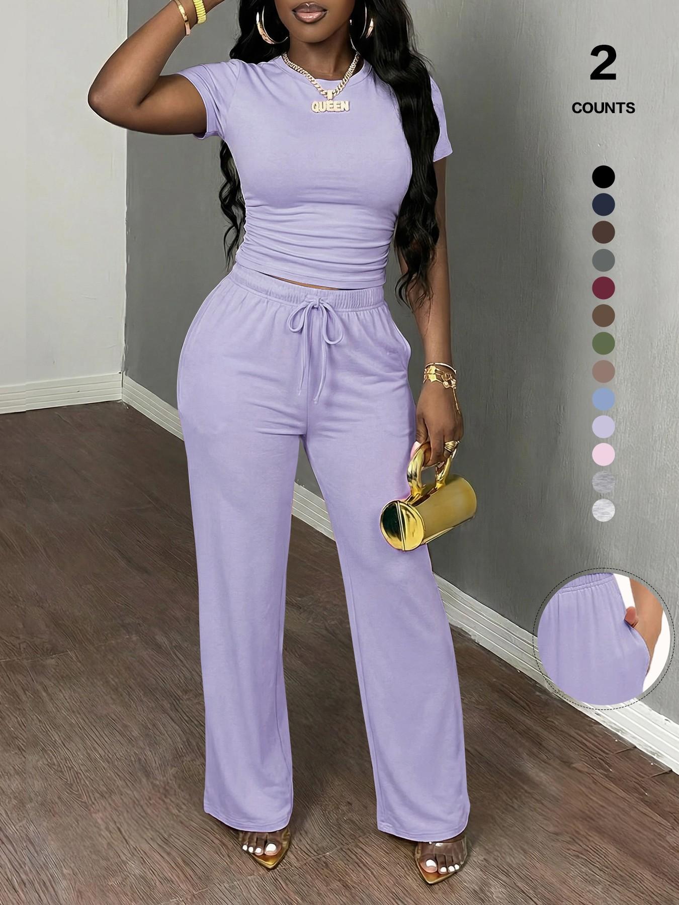 Women's Spring Summer Casual Set, Round Neck Short Sleeve Top & Wide Leg Pants, Slim Fit Home Wear, 2 Piece Comfortable, Casual Fashion Set