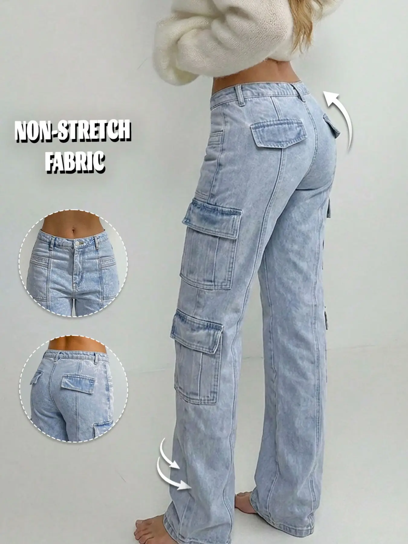 Women's Light Blue Wash High Waist Multi Flap Cargo Pockets Non-Stretch Rigid Denim Wide Leg Jeans, Baggy Utility Straight Fit Long Pants, Streetwear Casual Daily Commute Outfits for Women TChic