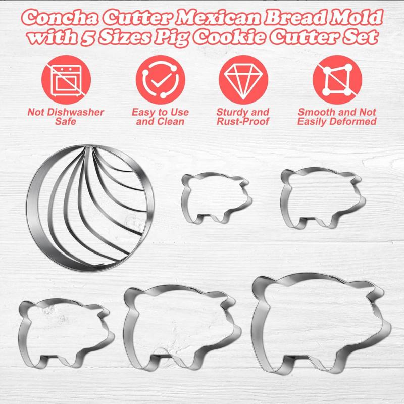 1/5/6-piece set with optional stainless steel bread mold, double-sided sealed molding; Paired with small pig, conch and other shaped biscuit cutting molds, the embossing is clear and not easy to stick. Suitable for birthday and holiday parties