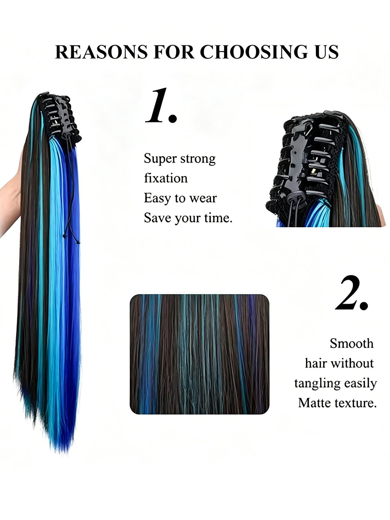 24inch Claw Clip In Synthetic Straight Ponytail Hair Extensions, Synthetic Ponytails - Pre-Bleached Multicolor Highlights (Blue/Green), Clip-On Hairpiece for Instant Volume & Highlights, Easy Application for Parties, Synthetic Fiber Extensions