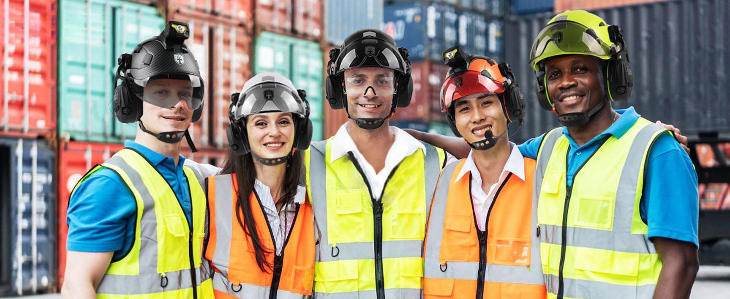 7 in 1 Vented Work Hardhat,Hard Hat with Visor Bluetooth Ear Muffs and Headlamp,Cascos De Construccion for Industrial Construction Forestry