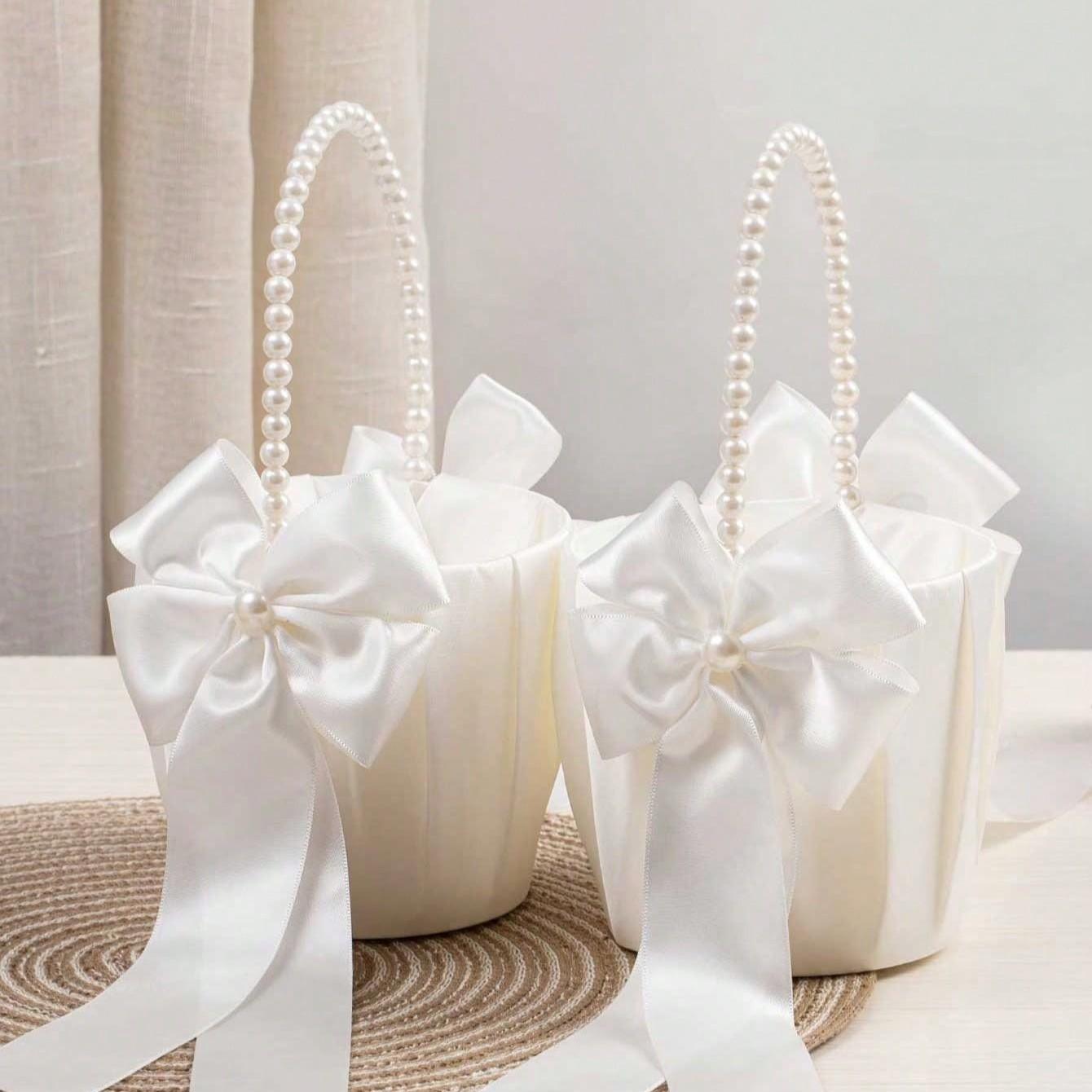 Cute Pearl Handle Flower Basket for Wedding Ceremony, Ivory Color Satin Bunting Floral Arrangement, Perfect for Bridal Party Decorations