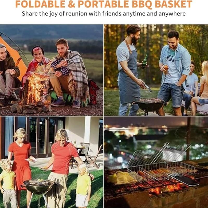 BBQ Stainless Steel Folding Handle Grill Tongue, Outdoor Multi-Functional Grill Net, Fish Meat Vegetable Rack, BBQ Tools