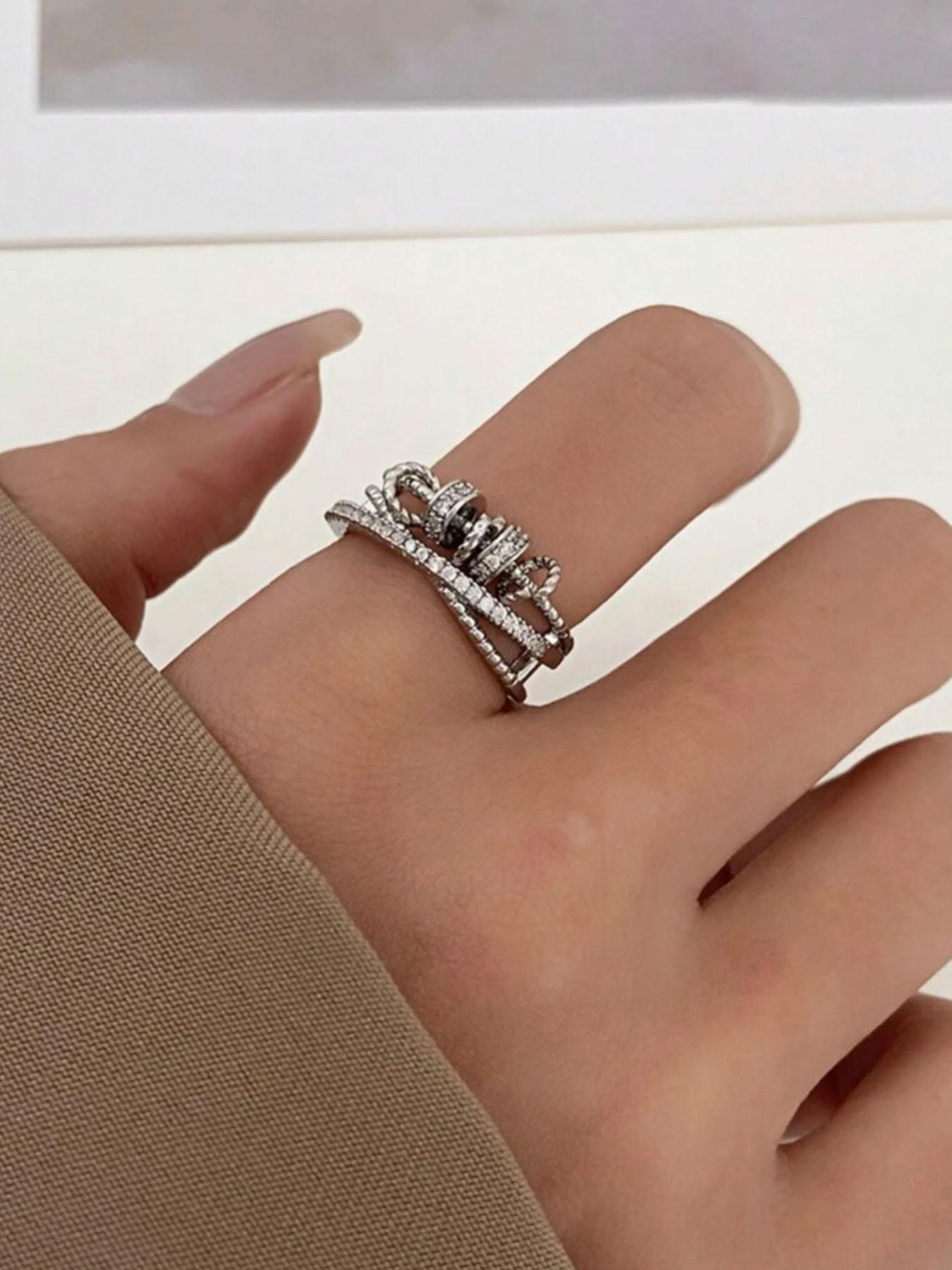 Multi-layer Rotating Cross Design Ring, Rhinestone Inlay Adjustable Anxiety Relief Fidget Spinner Ring, Fashion Jewelry Accessories for Women