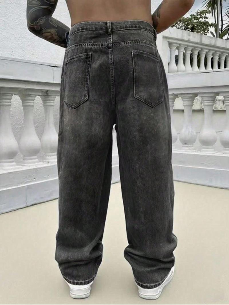 Men's Loose-Fit Denim Jeans, Fashionable Street Style Hip-Hop Washed Jean Pants, Comfortable All-Season Wear, Trendy American Design