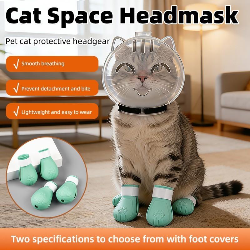 Transparent Cat Bite Guard with Breathable Hood, Adjustable Helmet for Aggressive Cats, Prevents Biting and Licking, Universal Size