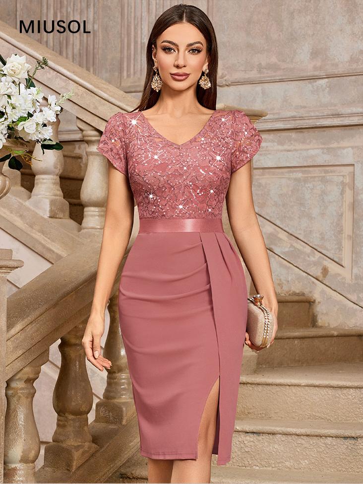 MIUSOL 54347A Women's Sequin Floral Lace V Neck Elegant Ruffle Ruched Style Slim Fit Cocktail Party Chic Womenswear Formal Dress