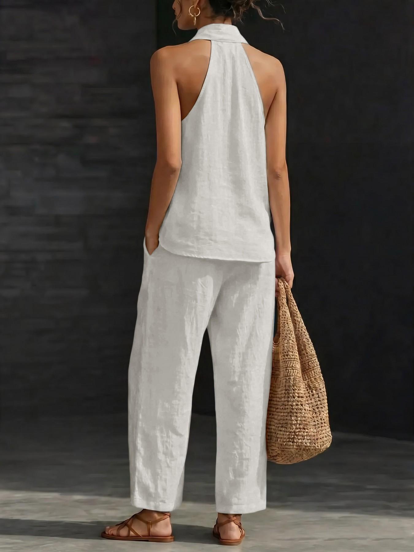 Two-Piece Women's Boho Halter Neck Sleeveless Crop Top and Wide Leg Pants Set, Casual Chic Summer Outfit for Vacation, Beach Clothes