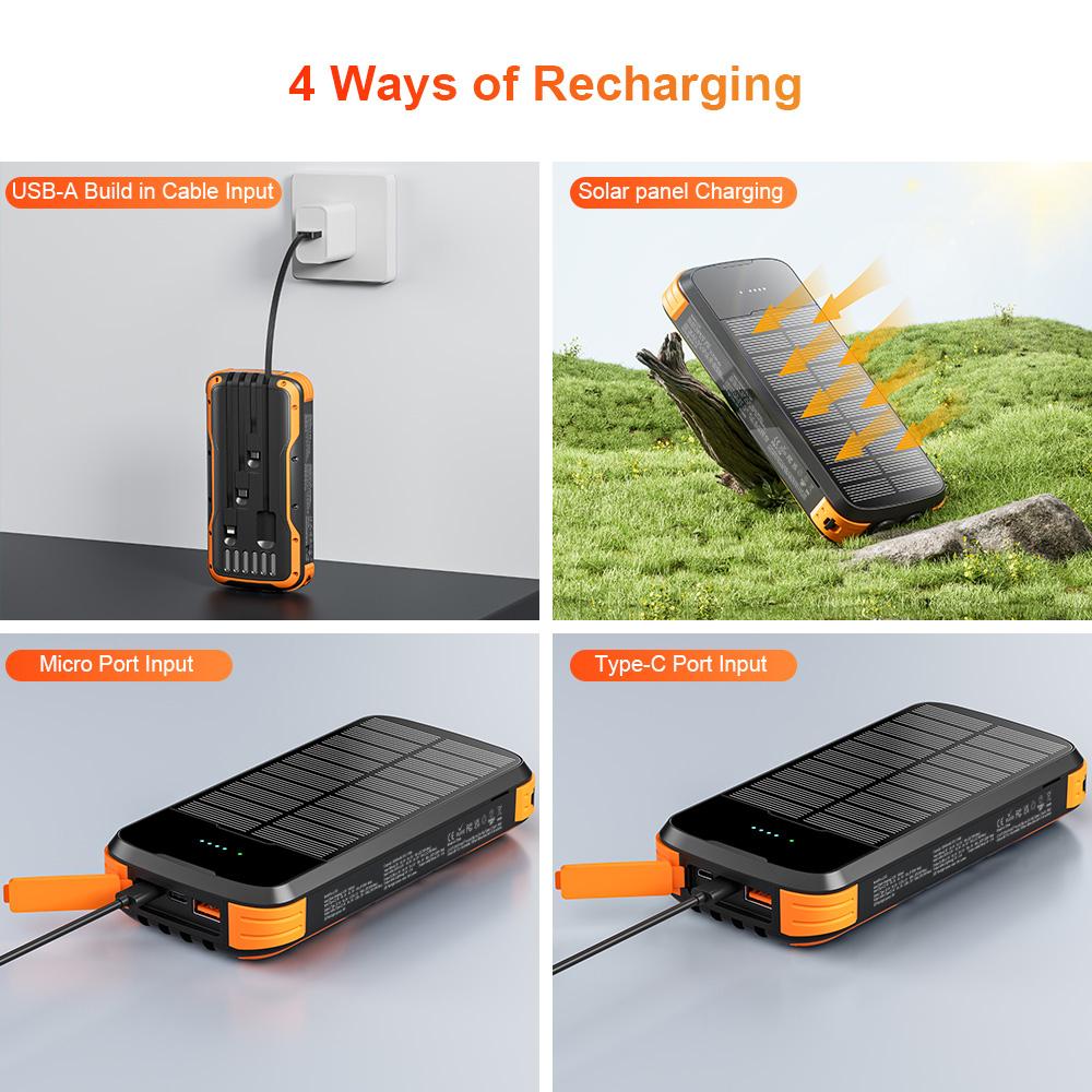 citicr 40000mah large-capacity solar power bank, equipped with 4 cable outputs, 5 QC3.0PD 20W fast charging channels, 2 lighting fixtures, and 1 solar panel for efficient charging. It is suitable for outdoor activities, fishing and camping
