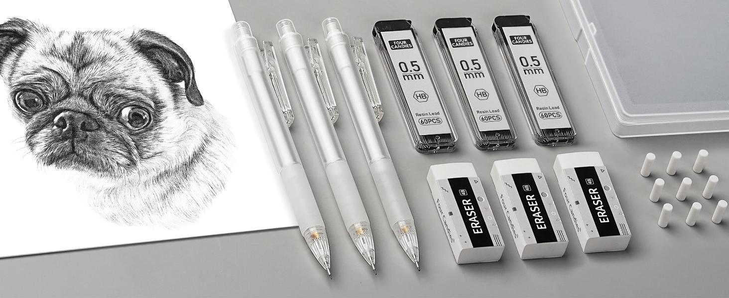 Four Candies Mechanical Pencil Set with Case - 3PCS Cute Pencils 0.5mm/0.7mm with 180PCS HB Lead Refills, 3PCS Erasers & 9PCS Eraser Refills, White Clear Mechanical Pencil for Students Drawing, Writing